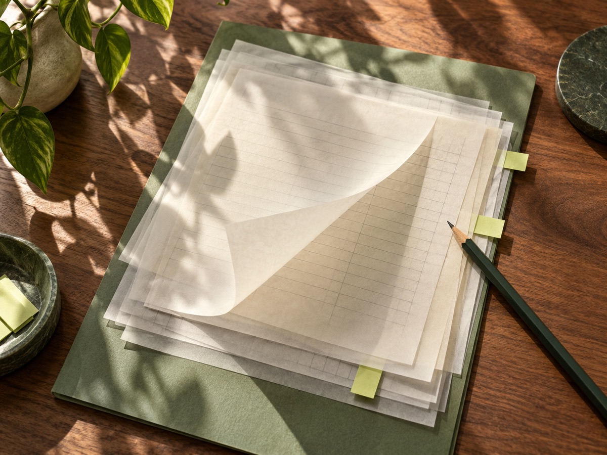 Layered blank pages with green tabs and a pencil
