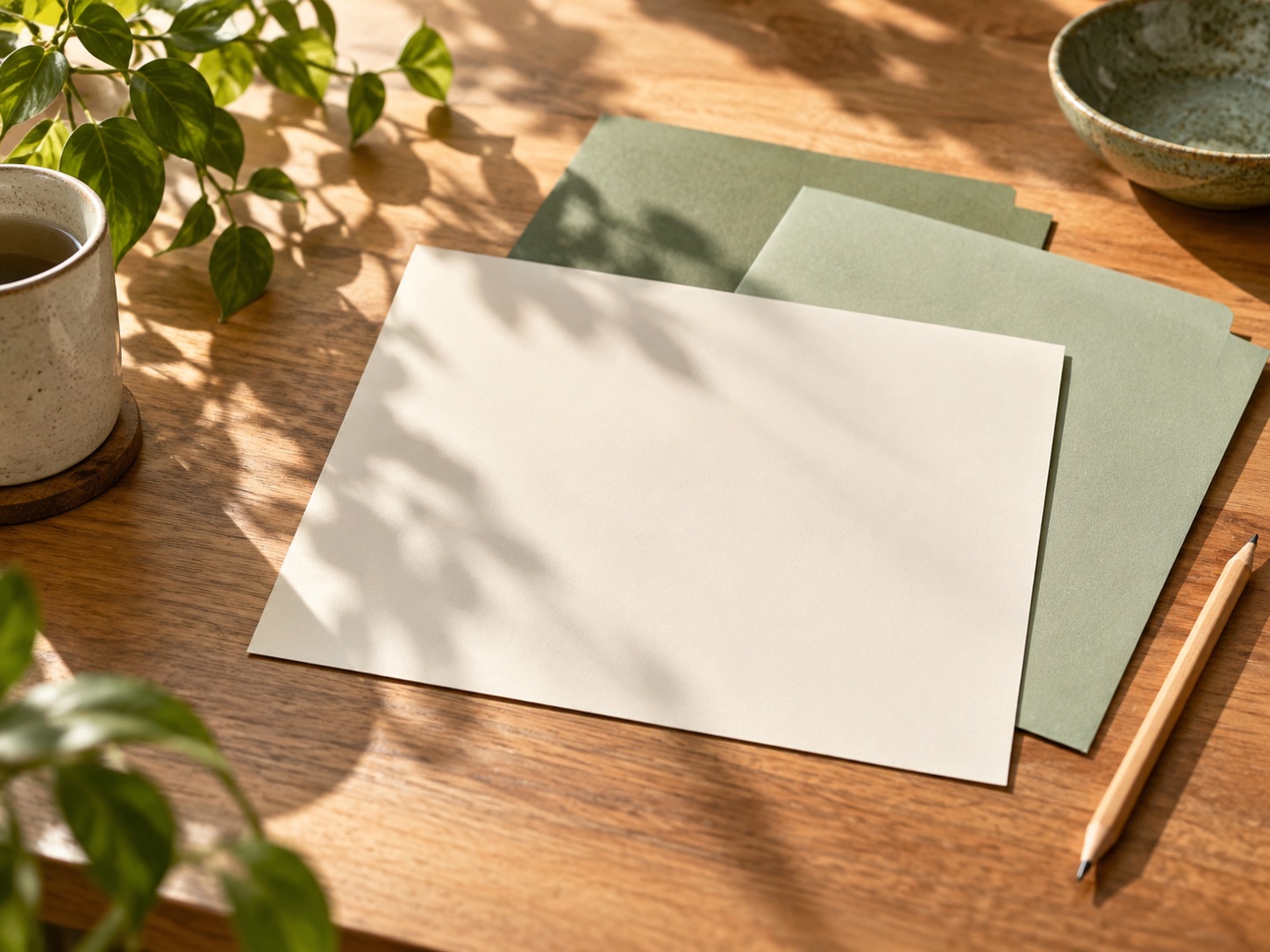 A blank notice rests over two sage green folders on a sunlit desk