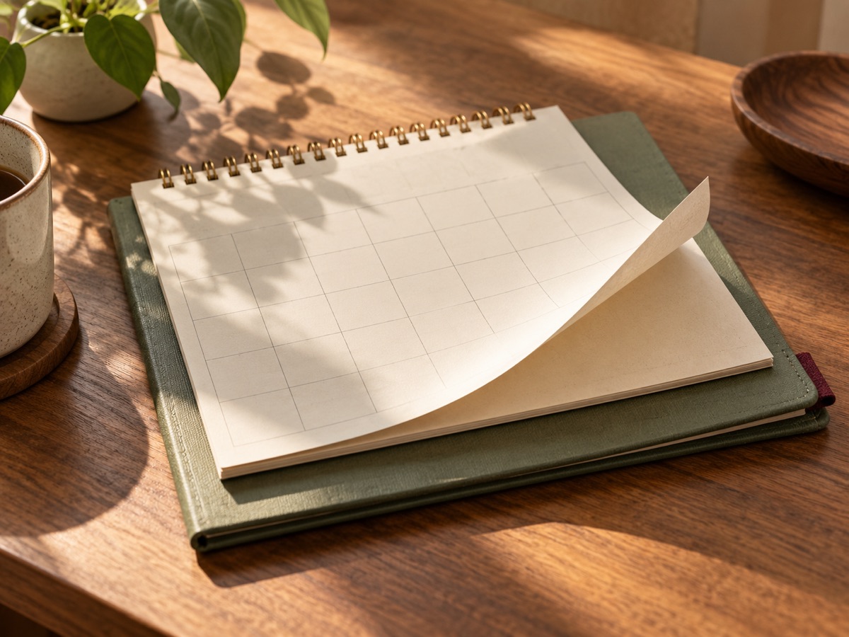 A blank calendar page turning over a green folder